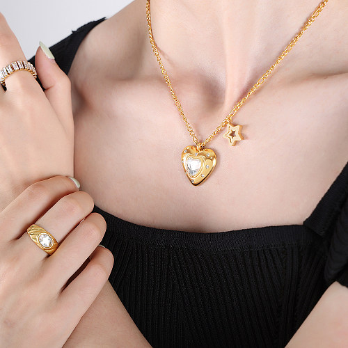 Elegant Shiny Star Heart Shape Stainless Steel Plating Inlay Glass Stone 18K Gold Plated Pendant Necklace