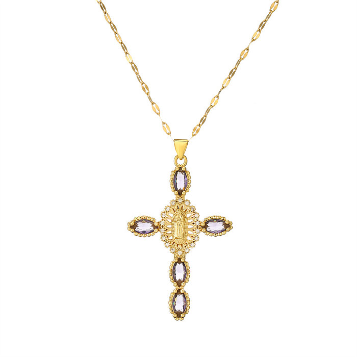 Estilo simples comutar cruz humana aço inoxidável chapeamento de cobre inlay zircão banhado a ouro pingente colar