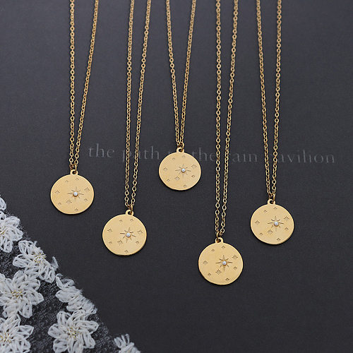Korea Small Fresh Round Awn Star Inlaid Pearl Stainless Steel Necklace