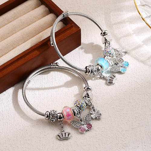 Wholesale Cute Sweet Four Leaf Clover Crown Butterfly Stainless Steel Beaded Inlay Rhinestones Bangle