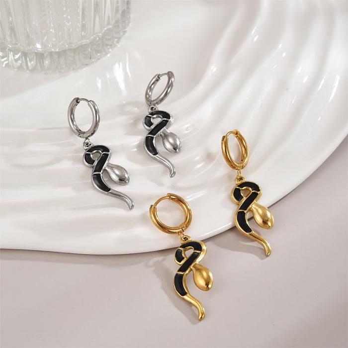 1 paire de boucles d'oreilles pendantes en acier inoxydable et Zircon plaqué or 18 carats avec incrustation d'émail Queen Snake