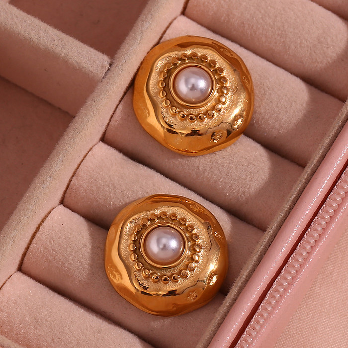 1 par de pendientes chapados en oro de 18 quilates con perlas artificiales de acero inoxidable con revestimiento geométrico de estilo vintage
