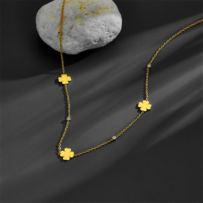 IG Style Simple Style Four Leaf Clover Stainless Steel  Plating Inlay Zircon 18K Gold Plated Necklace