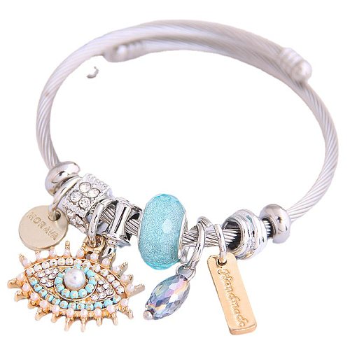 Bracelet rond œil du diable rectangulaire, Style classique, incrustation en alliage d'acier inoxydable, perles artificielles, strass, câble torsadé