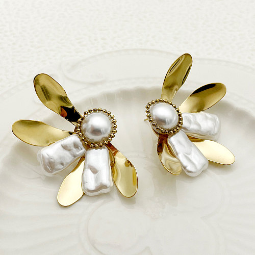 1 par de pendientes Glam Commute chapados en pétalos de acero inoxidable con perlas artificiales chapadas en oro