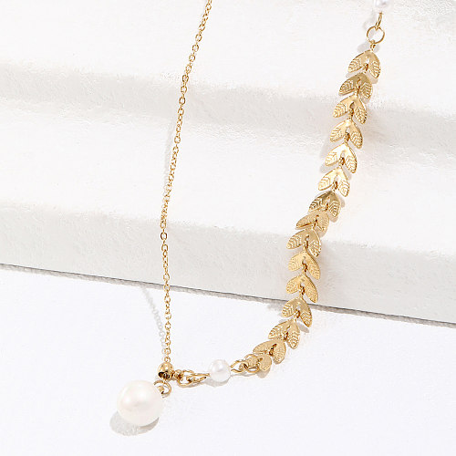 Fashion Side Wheat Chain Pearl Pendant Stainless Steel  Clavicle Necklace