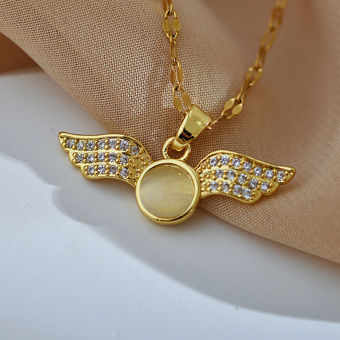 Retro Wings Stainless Steel Copper Plating Inlay Zircon Gold Plated Pendant Necklace