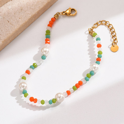 Casual Vacation Round Colorful Stainless Steel Austrian Crystal Beaded Pearl Bracelets