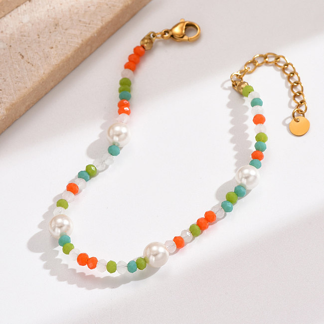 Lässige Urlaubs-Runde, farbenfrohe, österreichische Kristallperlen-Perlenarmbänder aus Edelstahl