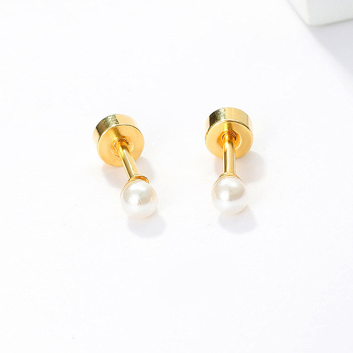 1 paire de clous d'oreilles ronds en acier inoxydable, Style Simple, incrustation de perles artificielles plaquées or 18 carats