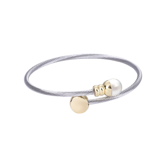 Bracelet de perles rond en acier inoxydable de style simple avec incrustation de cuivre