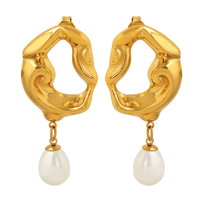 1 Pair Fashion Irregular Stainless Steel Pearl Hollow Out Drop Earrings