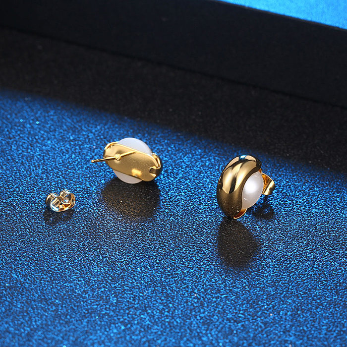 Pendientes de perlas con incrustaciones de acero inoxidable redondos de estilo simple de 1 pieza