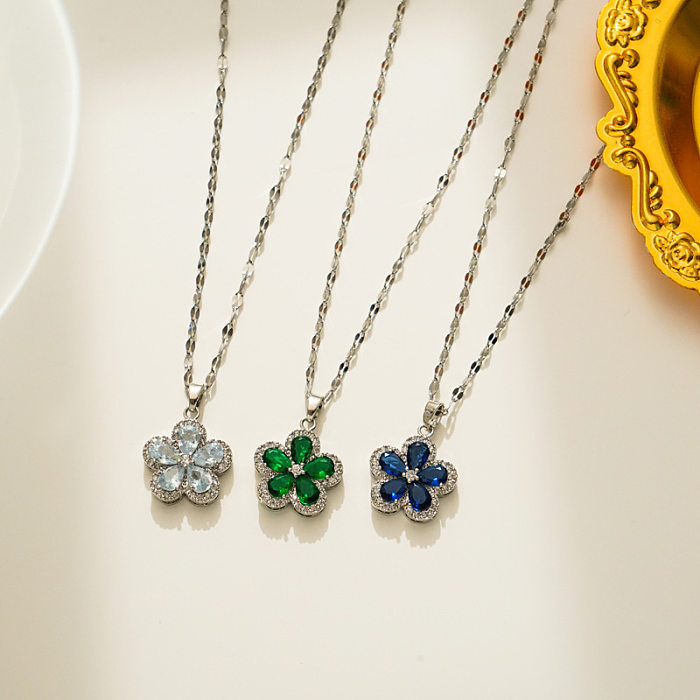Elegant Flower Stainless Steel Inlay Zircon Pendant Necklace