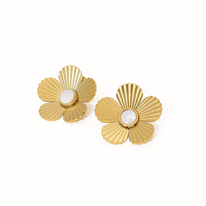 1 paire de clous d'oreilles en forme de pétale, Style Simple et élégant, incrustation de perles en acier inoxydable plaqué or 14 carats