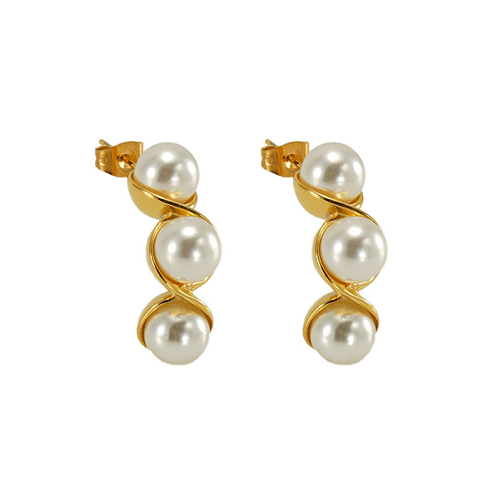 1 Paar Erbsen-Ohrringe im Vintage-Stil mit polierter Beschichtung und Inlay aus Edelstahl mit 18 Karat vergoldeten Perlen