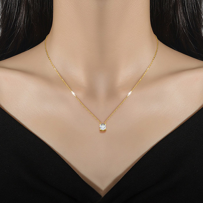 Modern Style Simple Style Commute Square Stainless Steel Inlay Zircon Pendant Necklace