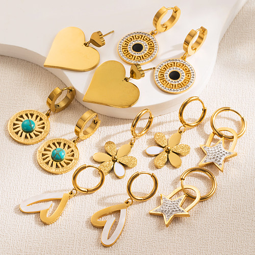 1 par de pendientes colgantes chapados en oro con diamantes de imitación de acero inoxidable con incrustaciones en forma de corazón redondo de pentagrama elegante