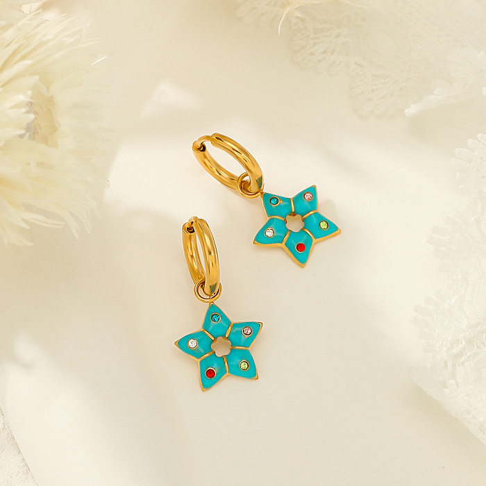 Cute Star Stainless Steel  Artificial Gemstones Dangling Earrings 1 Pair