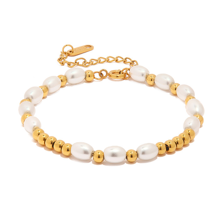 1 Piece Fashion Round Stainless Steel Beaded Pearl Plating Bracelets
