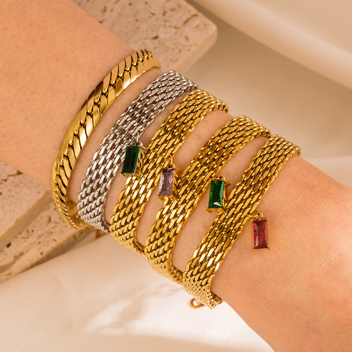 Modische rechteckige Armbänder aus vergoldetem Edelstahl mit künstlichen Edelsteinen, 1 Stück