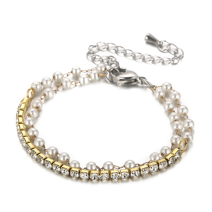 Fashion Geometric Titanium Steel Gold Plated Artificial Pearls Zircon Bracelets 1 Piece