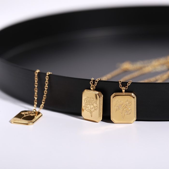 1 Piece Retro Flower Rectangle Stainless Steel  Plating Pendant Necklace