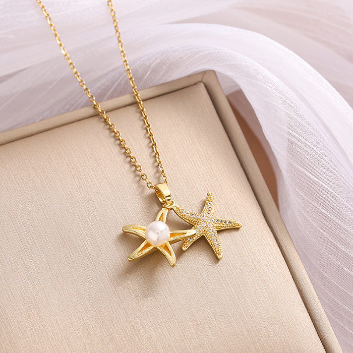 Vintage Style Simple Style Star Solid Color Stainless Steel  Plating Inlay Zircon Pendant Necklace