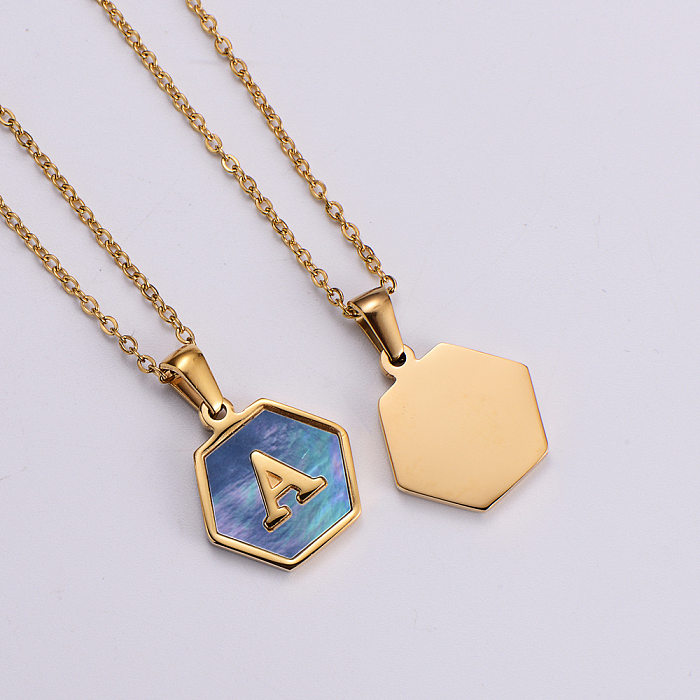 New Hexagon Pendant Inlaid Blue Shell Letter Stainless Steel  Necklace