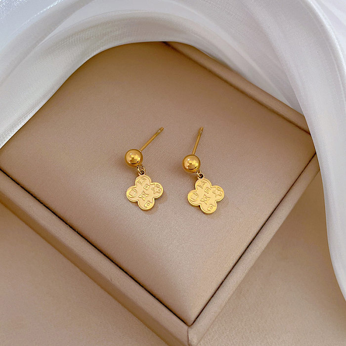 1 par de brincos de gota banhados a ouro de aço inoxidável com trevo de quatro folhas estilo simples