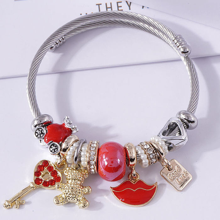 Pulseras de puño de diamantes de imitación con incrustaciones de revestimiento de acero inoxidable con forma de corazón animal de vacaciones