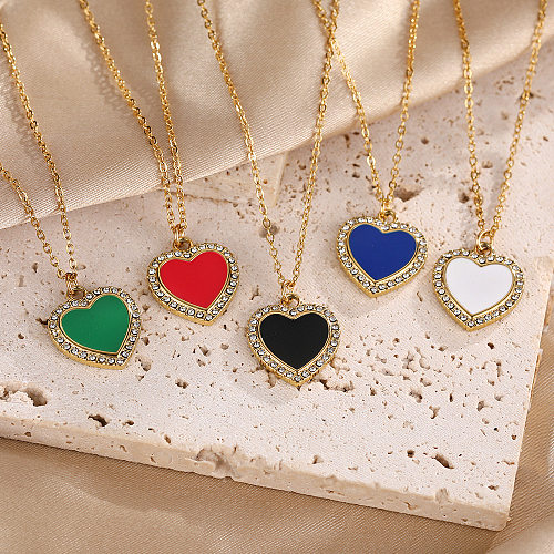 Y2K Heart Shape Stainless Steel  Enamel Inlay Rhinestones Pendant Necklace