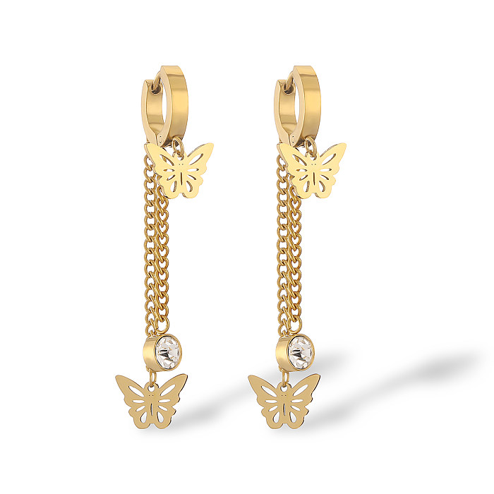 1 Pair Simple Style Commute Butterfly Plating Hollow Out Inlay Stainless Steel Zircon 18K Gold Plated Drop Earrings