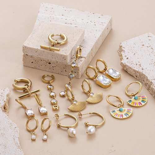 Boucles d'oreilles en demi-cercle rond carré en acier inoxydable, 1 paire, Style moderne, incrustation de pierres précieuses artificielles