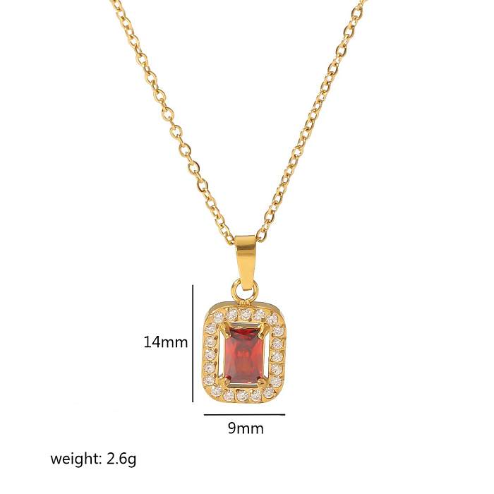 Elegant Retro Quadrilateral Heart Shape Stainless Steel  Plating Inlay Zircon 18K Gold Plated Pendant Necklace