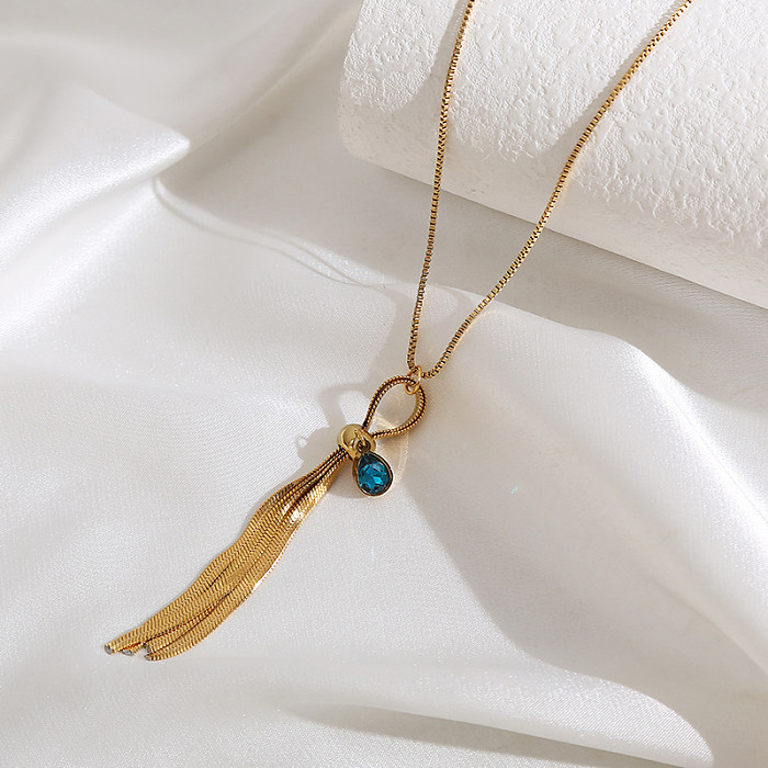 Elegant Luxurious Oval Tassel Stainless Steel Plating Inlay Gem Gold Plated Necklace