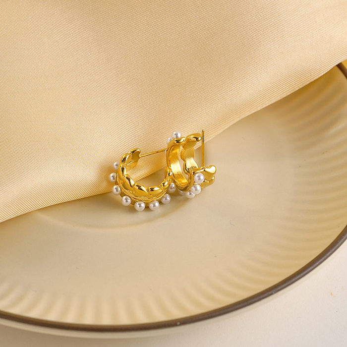 1 Paar moderne Ohrringe im schlichten Stil mit C-Form-Beschichtung und Inlay aus Edelstahl mit Perlenvergoldung