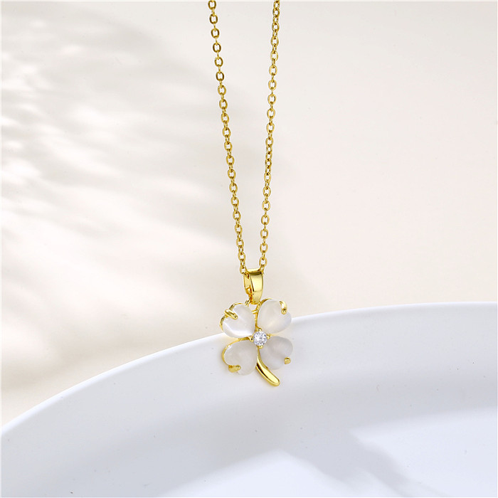 Wholesale Artistic Leaves Heart Shape Cat Stainless Steel  Stainless Steel 18K Gold Plated Gold Plated Zircon Pendant Necklace