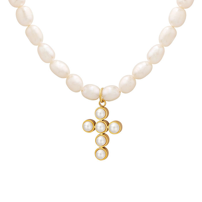 Collier élégant avec pendentif en perles artificielles, placage en acier inoxydable, perles croisées