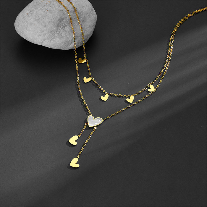 Sweet Simple Style Heart Shape Stainless Steel Inlay Shell Layered Necklaces