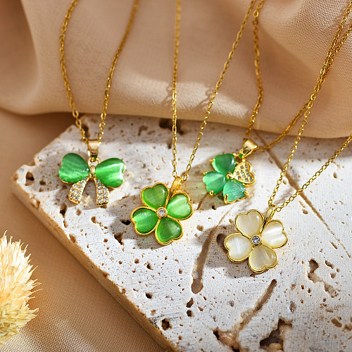 Sweet Pastoral Four Leaf Clover Bow Knot Stainless Steel Copper Inlay Opal Zircon Pendant Necklace