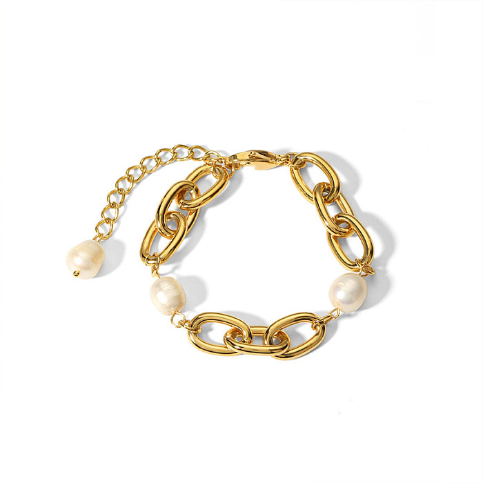Pulseras chapadas en oro de 18 quilates con revestimiento de perlas de agua dulce de acero inoxidable de color sólido de estilo francés