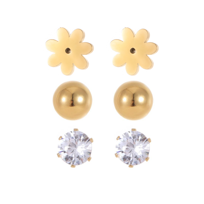 3 Pairs Commute Animal Star Flower Polishing Plating Inlay Stainless Steel  Zircon Gold Plated Ear Studs