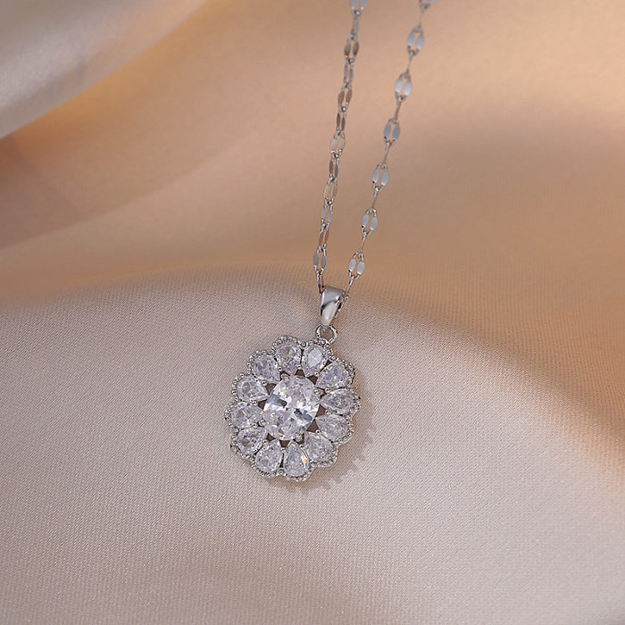 Elegant Luxurious Sweet Oval Stainless Steel Inlay Zircon Pendant Necklace