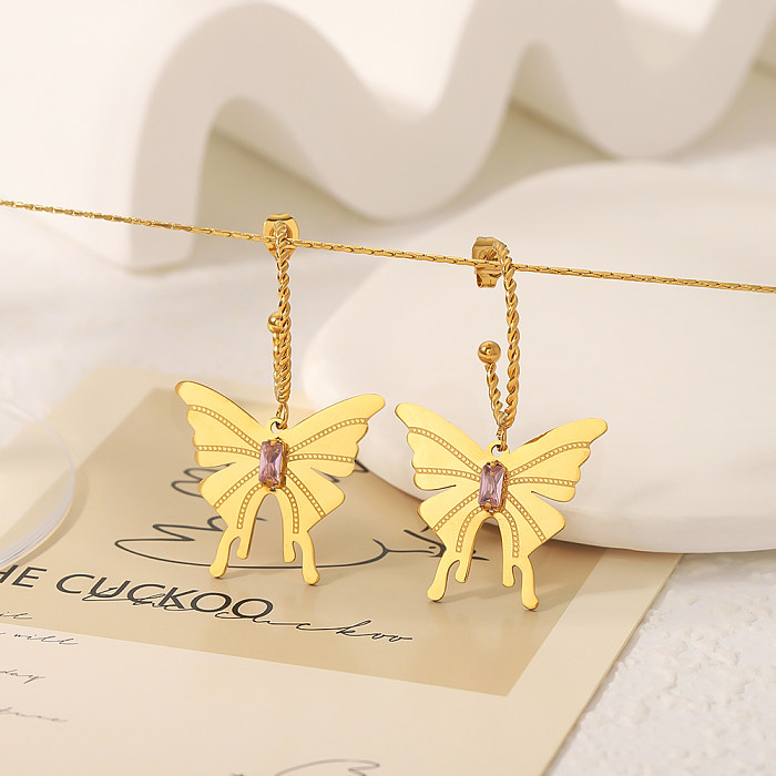 Boucles d'oreilles pendantes Style Vintage, 1 paire, incrustation de placage papillon doux, en acier inoxydable, Zircon plaqué or 18 carats