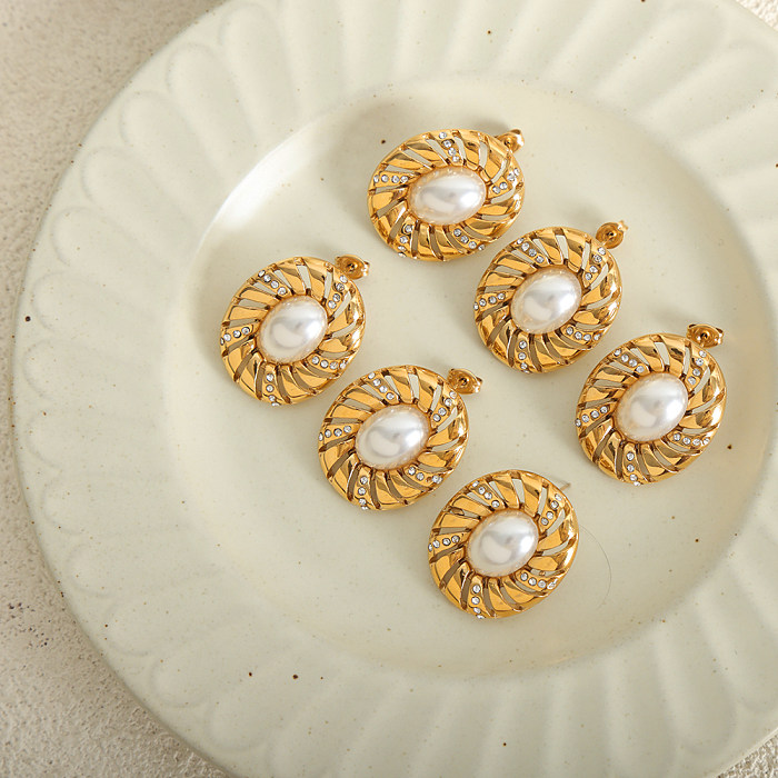 1 paire de clous d'oreilles plaqués or 18 carats avec incrustation ovale de style baroque élégant et luxueux en acier inoxydable avec perles artificielles et strass