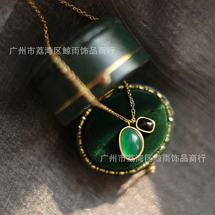 Retro Green Agate Irregular Pendant Stainless Steel Necklace Earring
