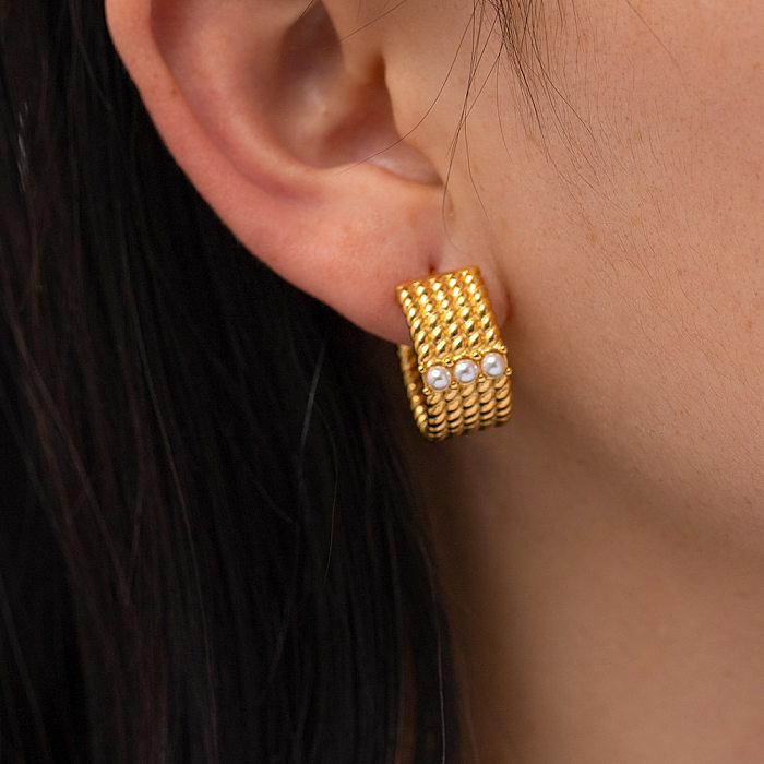 1 paire de clous d'oreilles rétro en forme de C torsadé en acier inoxydable, incrustation de perles