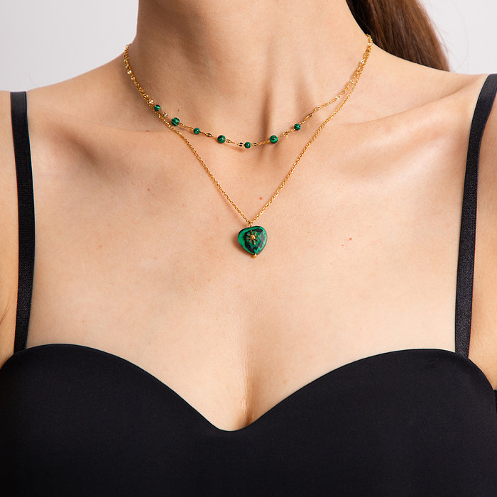 IG-Stil, legere Halskette in Herzform, Edelstahl, Naturstein, Perlenbeschichtung, 18 Karat vergoldet, mehrschichtige Halsketten