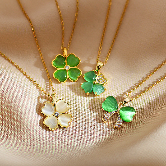 Sweet Pastoral Four Leaf Clover Bow Knot Stainless Steel Copper Inlay Opal Zircon Pendant Necklace
